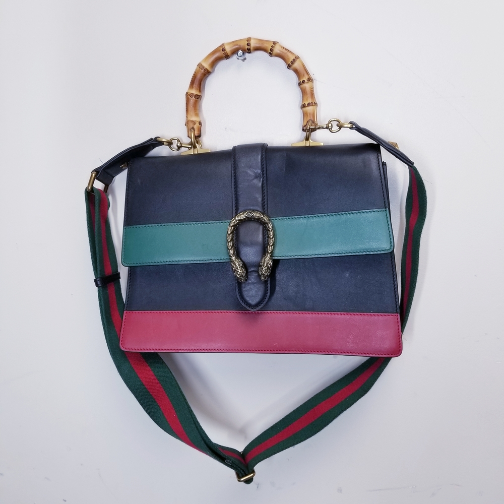 Gucci Navy Leather Shoulder Bag with Teal and Berry Panels
